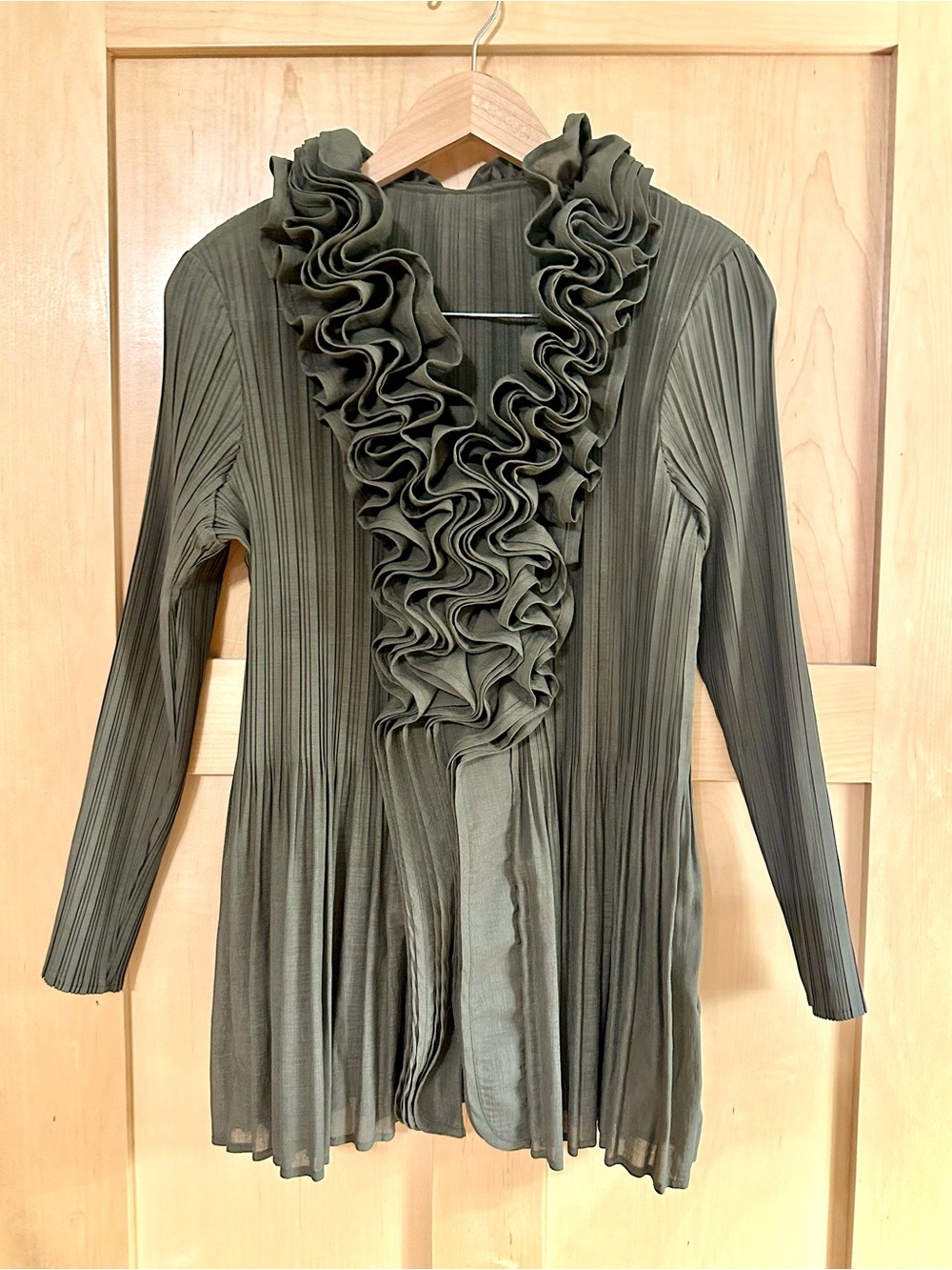 Japanese Fashion Je Crois Soi Micro Pleat Ruffle Tunic V-Neck Blouse Khaki/gray - Picture 2 of 16